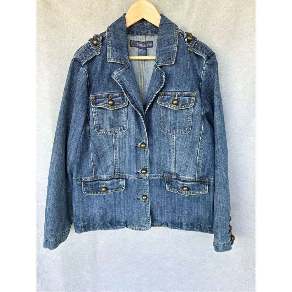 Baccini Denim Jacket Women 2X Blue Studded Button Front Stretch Jean Jacket Y2K